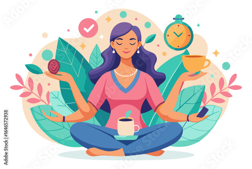 A serene woman meditates in a lotus position, balancing work-life elements like time, productivity, and breaks. Surrounded by calming foliage.