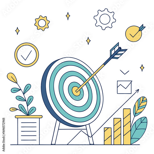 Illustration of a target with an arrow in the center surrounded by business icons and a plant pot