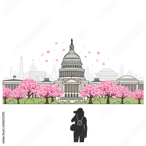 Illustration of the US Capitol Building with cherry blossoms in bloom, and a person taking a photo.