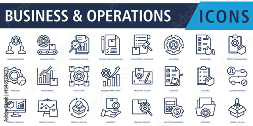 Business Operations Icon Set Outline with lean management, manufacturing, performance review, technical documentation, regulatory compliance, utilization, evaluation, product management