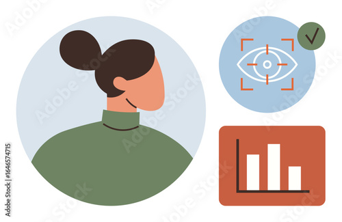 Woman in profile with icons for eye recognition, verified check mark, and bar chart. Ideal for technology, identity verification, biometrics, analytics, AI systems privacy and user data. Simple
