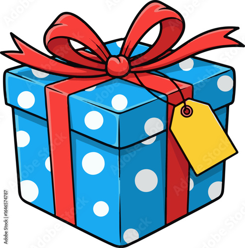 Vector art of blue gift box with white polka dots and red ribbon isolated on white background