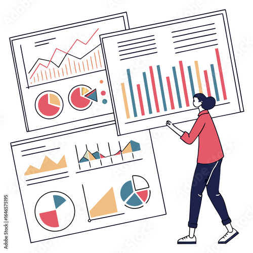 Woman presenting data charts and graphs including bar charts pie charts and line graphs in a presentation format