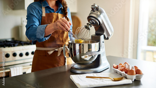 Woman whisking eggs in a stand mixer, morning sunlight in kitchen