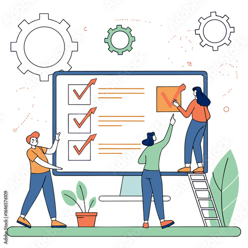 People collaborating on a large checklist displayed on a screen with gears and a plant nearby