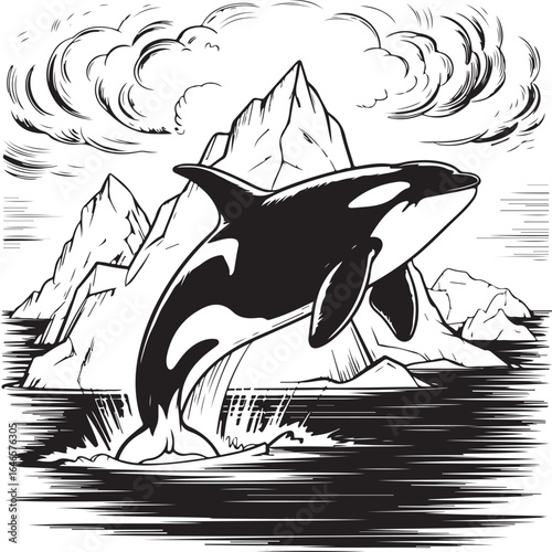 Arctic Wildlife Engraving Icons – Breaching Killer Whale, Ice Formations, and Moody Cloudscapes