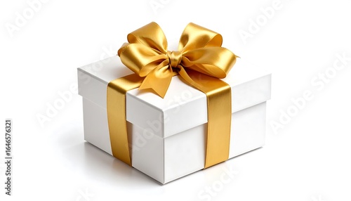 White gift box with gold ribbon