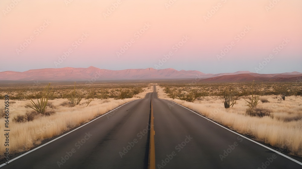 Fototapeta premium Long empty desert highway stretching towards distant mountains under a soft pink and orange sunset sky