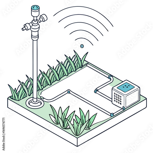 Illustration of a smart irrigation system with sprinkler, pipes, controller, and wireless connectivity