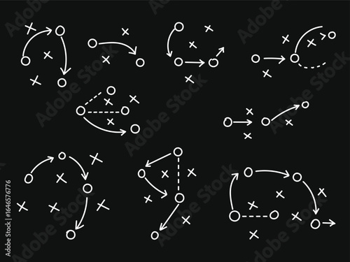 Sports tactical layout with player position and arrow,  strategy diagrams