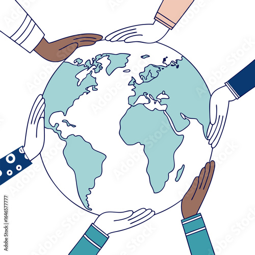 Diverse hands encircling a globe depicting continents and oceans in a stylized illustration art