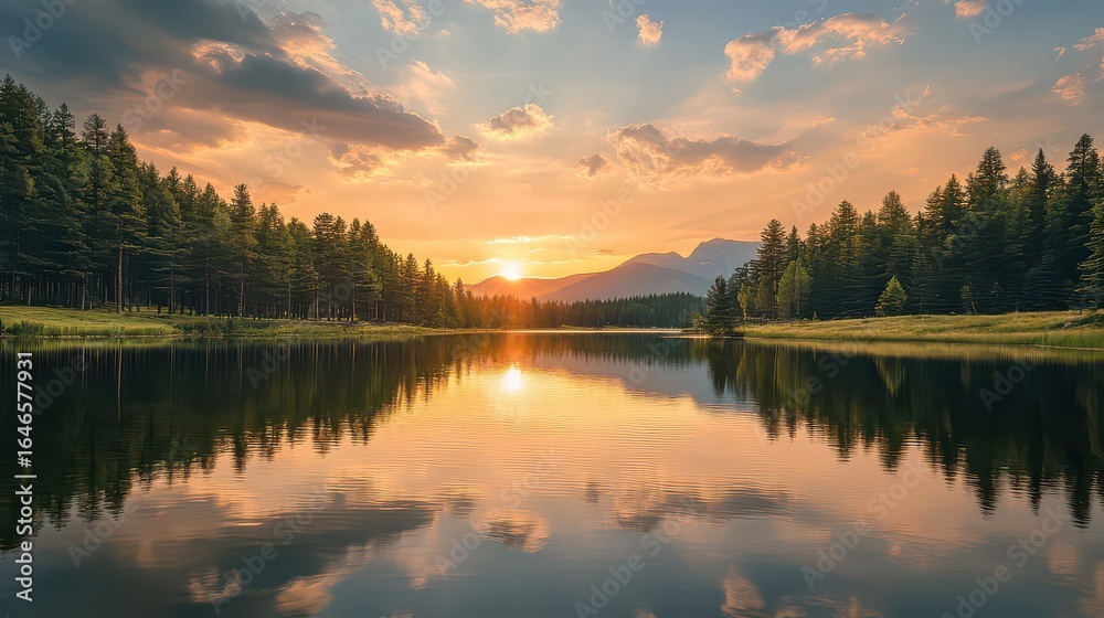 Obraz premium Lake reflection at sunset with trees and mountains in the distance under a cloudy sky view landscape
