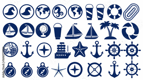 Illustration of nautical themed icons including boats, anchors, compasses and globes in blue color 100