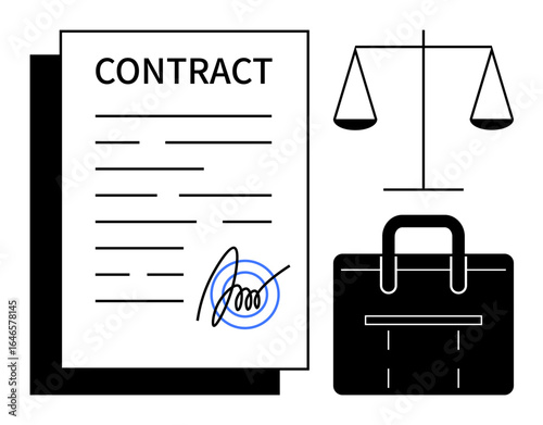Contract paper with signature, balanced scales, and a briefcase representing law, agreements, or business. Ideal for legal services, agreements, justice, professionalism business deals negotiation