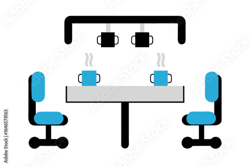 Meeting table with chairs and steaming coffee cups on white background office conference