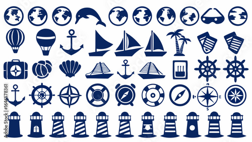 Illustration showcasing various nautical themed icons including boats globes anchors and navigational equipment items