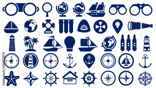 Collection of nautical themed icons including ships, globes, compasses, anchors, and navigational tools