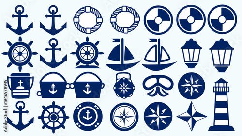 Illustration featuring nautical elements including anchors, wheels, boats, and lighthouse icons in blue
