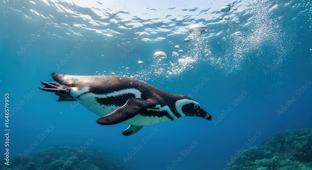 Naklejka premium Graceful Humboldt Penguin Swimming Underwater in Ocean with Bubbles and Sunlight