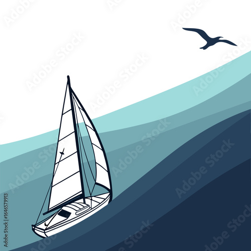 Illustration of a sailboat sailing on water with a bird flying above it on a white and blue background