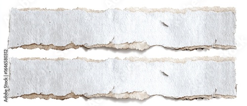 Two horizontal strips of torn white paper with brown edges