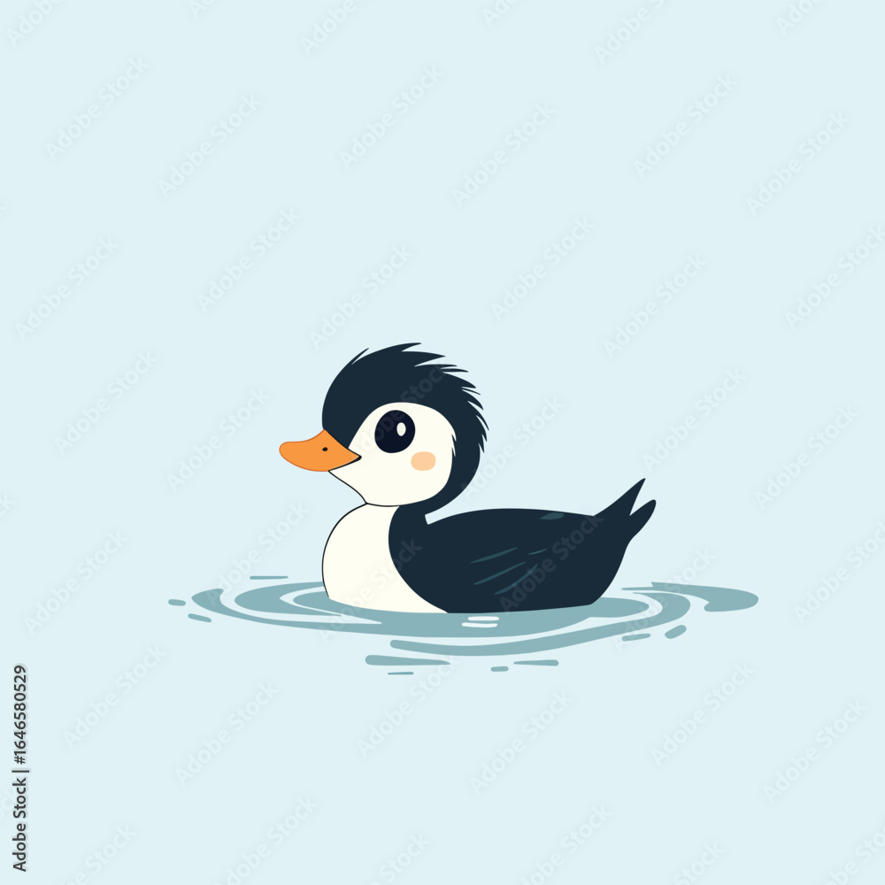 Fototapeta premium Adorable Cartoon Duckling Floating in Calm Water with Unique Features
