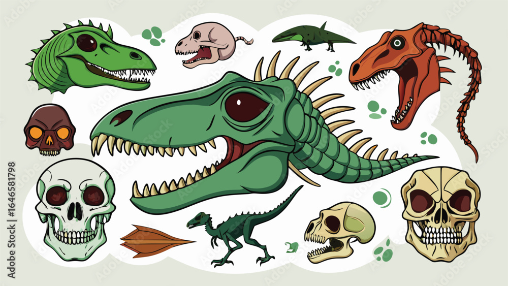 Fototapeta premium A collection of dinosaur skulls displayed by an artist, showcasing various species and their unique features..eps