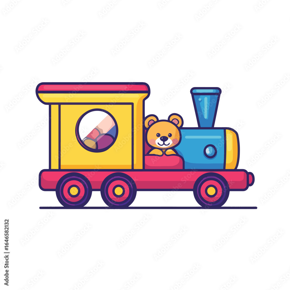 Naklejka premium Adorable Cartoon Train with a Smiling Teddy Bear Passenger Colorful Design