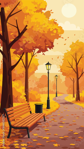 A bench sits beside the path, and street lamps line the way, providing a peaceful, autumnal atmosphere.