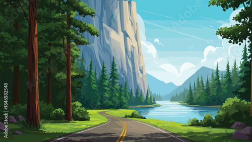 The bright blue sky and puffy clouds create a sense of serenity and exploration.