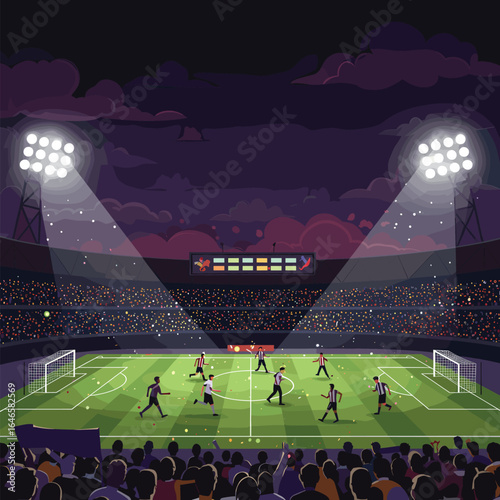  A football match in a vibrant stadium under the lights, with players actively competing on the field
