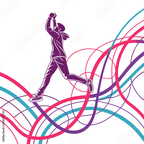Silhouette of a woman walking with a hoodie and sweatpants against a colorful wavy line background design