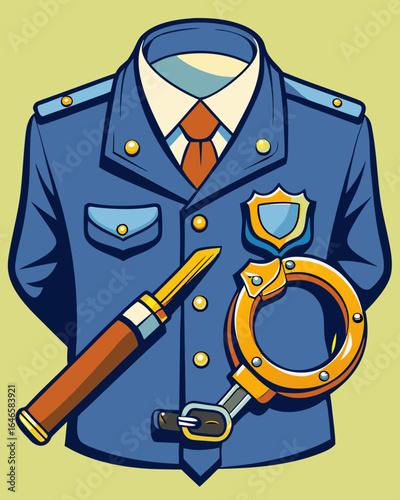 Close-up of police uniform featuring baton and handcuffs on belt, highlighting folds and tension lines, showcasing law enforcement tools and attire in detail