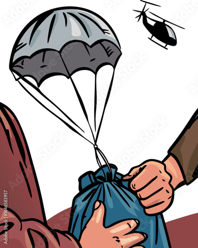Relief package with parachute descends toward flood victims, helicopter visible above, showcasing humanitarian aid in action with dramatic close-up perspective