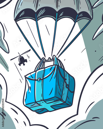 Relief package with parachute descending toward flood victims, helicopter visible in the background, illustrating humanitarian aid in action with dramatic visual impact