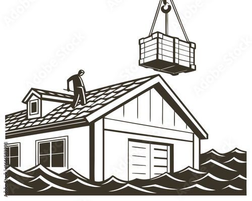Relief crate being lowered onto rooftop of flooded house, sunlight glistening on water, showcasing cinematic realism and minimalistic design in a dramatic scene