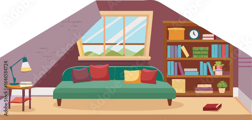 An attic room featuring a cozy couch, a bookshelf filled with books, and a window allowing natural light to enter.
