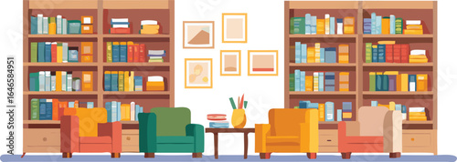 Interior of a library featuring rows of bookshelves and comfortable chairs for reading and studying.