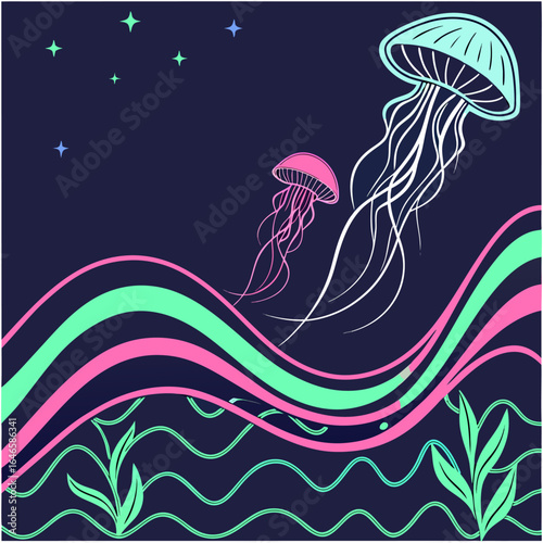 Illustration of two jellyfish floating above wavy lines and seaweed under a starry night sky scene