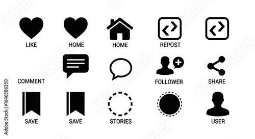A collection of social media interface icons, including like, home, comment, repost, share, save, stories, and user profile symbols.