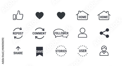 A collection of social media interface icons representing user engagement and navigation features, including likes, comments, shares, and user profiles.