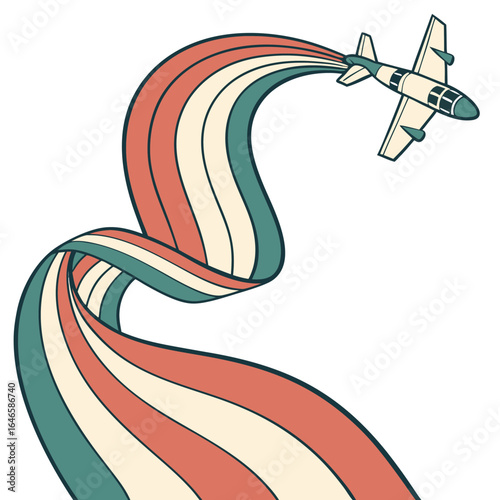 Illustration of a vintage airplane flying with a long wavy trail of green beige and orange stripes