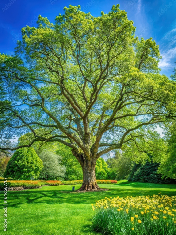Fototapeta premium Ancient Platanus occidentalis tree stands tall amidst lush greenery in a vibrant spring botanical garden with an emerald grass lawn and wildflowers