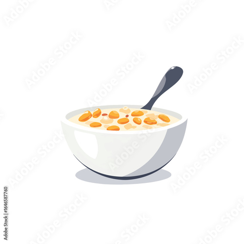 Cartoon Corn Flakes Cereal in a White Bowl with a Silver Spoon