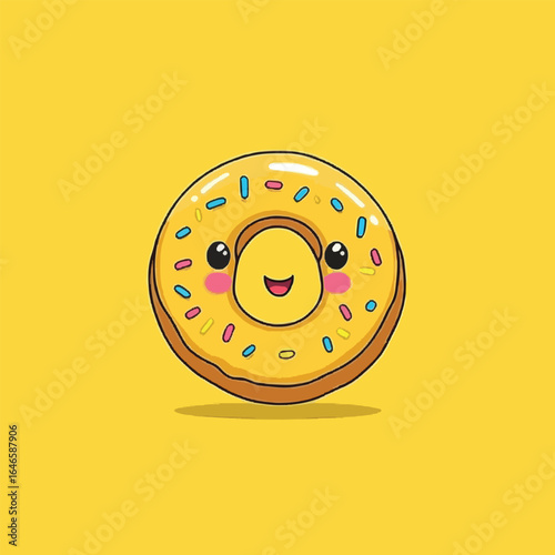 Cartoon donut with yellow frosting colorful sprinkles rosy cheeks and a happy expression