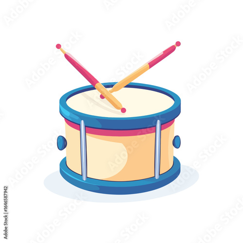 Cartoon drum with crossed pink and yellow drumsticks blue trim and shadow