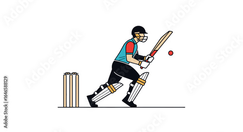 Cricket batsman playing a shot with bat and ball, surrounded by wicket and stumps