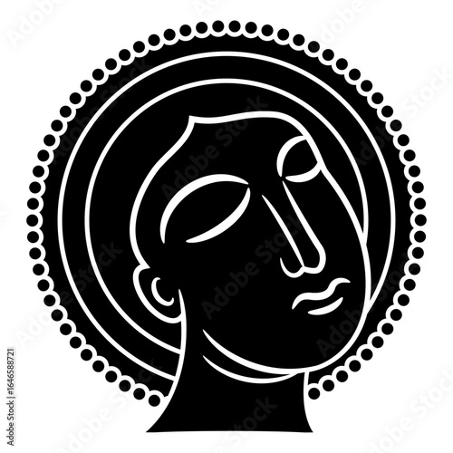 Head of a Christian saint. Medieval religious design. Black and white silhouette.