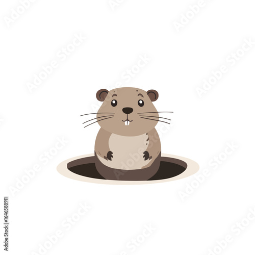Cartoon Groundhog Emerging from Hole with Whiskers and Buck Teeth