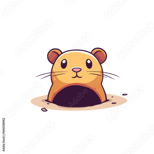 Cartoon hamster peeking out of a dark burrow with a curious expression